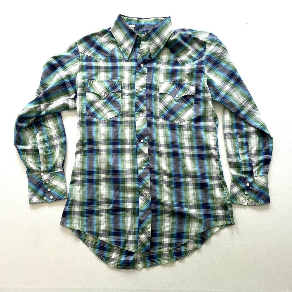Vintage Chute #1 Western Shirt Men's Small Blue Green Plaid Pearl Snap Cowboy